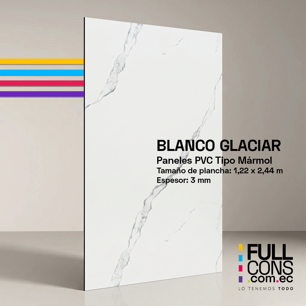 Panel PVC Tipo Mármol Blanco Glaciar 3 mm (1.22 x 2.44 m) | Fullcons