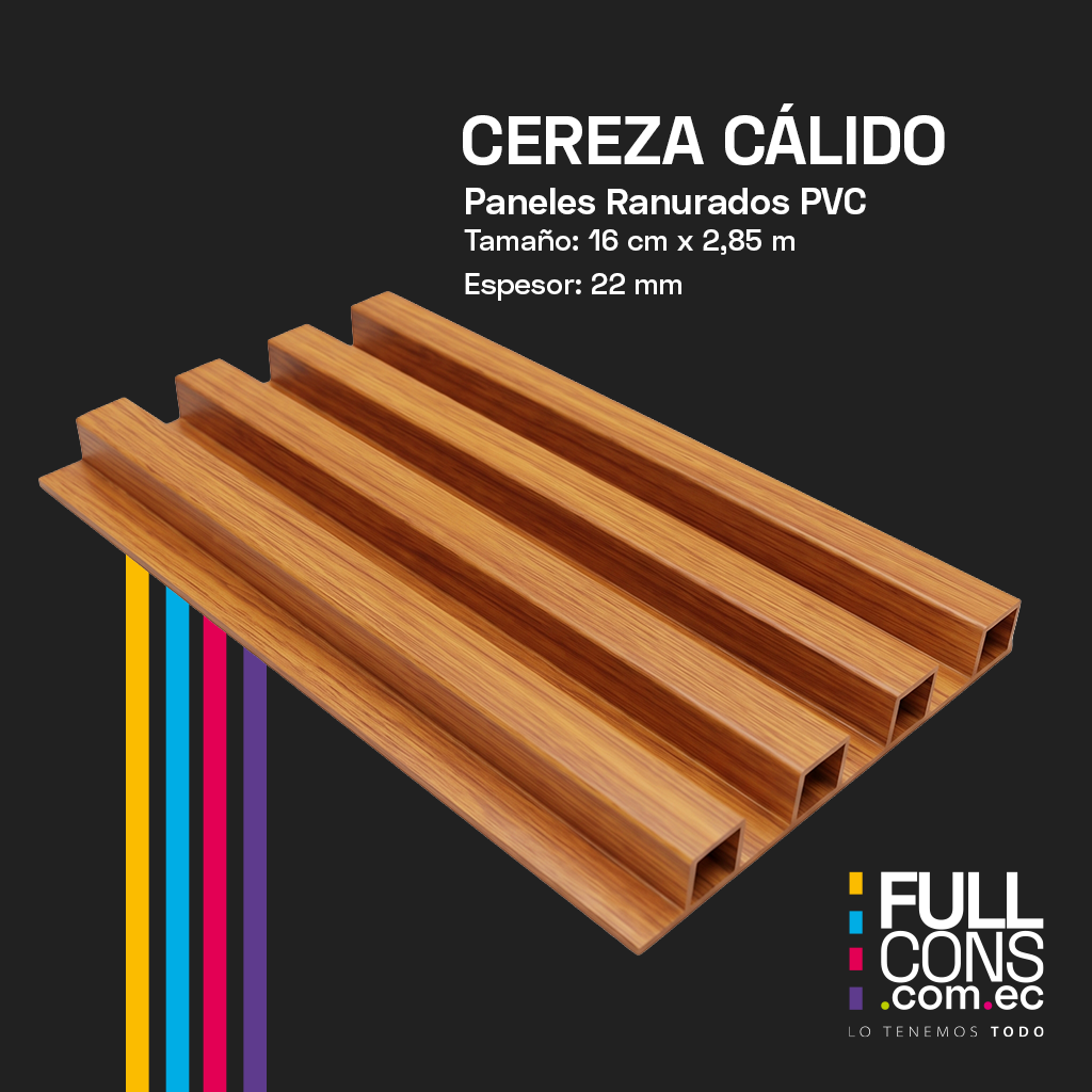Panel Ranurado PVC de Interior Cereza Cálido 16 cm x 2.85 m (22 mm) | Fullcons