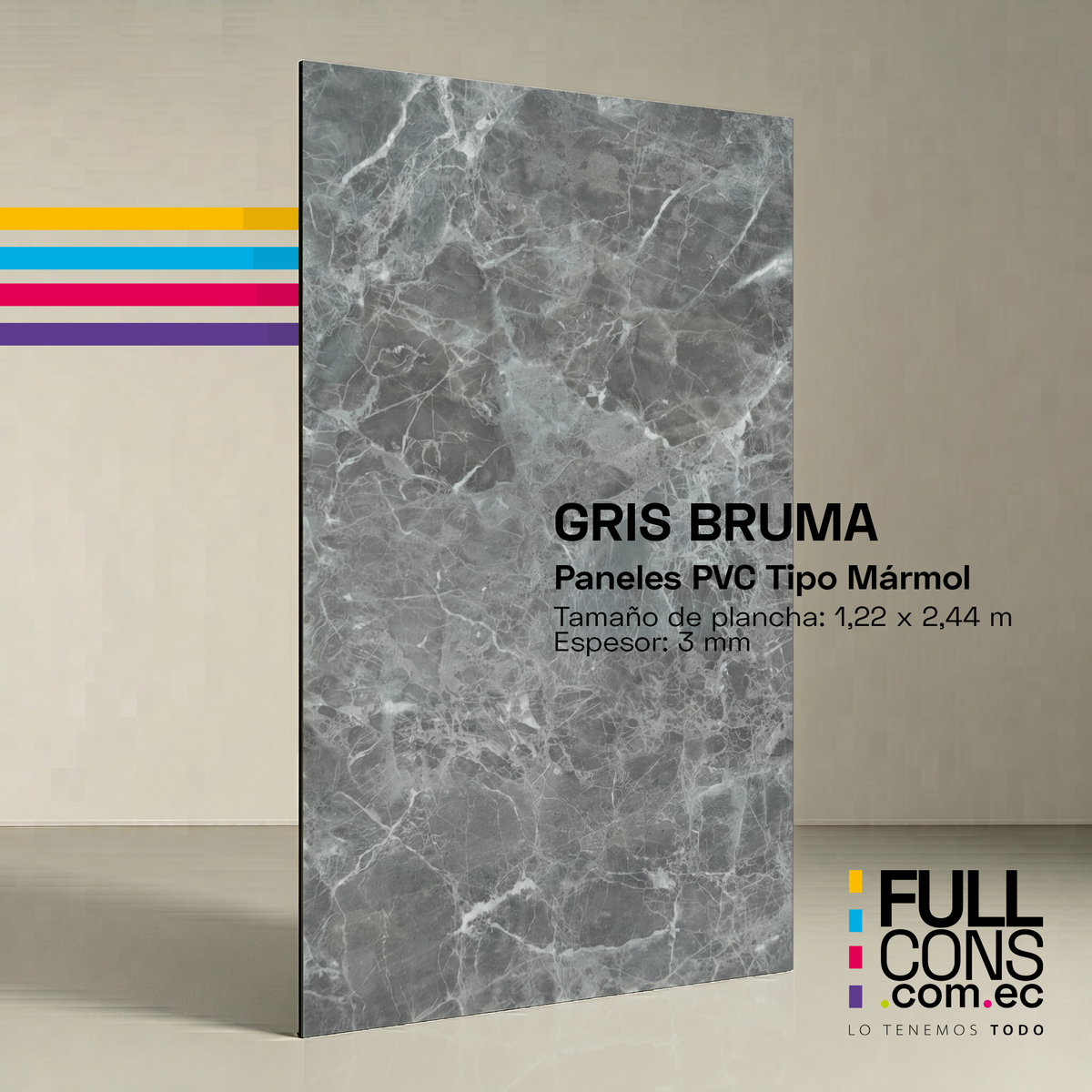 Panel PVC Tipo Mármol Gris Bruma 3 mm (1.22 x 2.44 m) | Fullcons