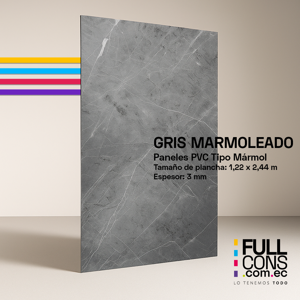 Panel PVC Tipo Mármol Gris Marmoleado 3 mm (1.22 x 2.44 m) | Fullcons