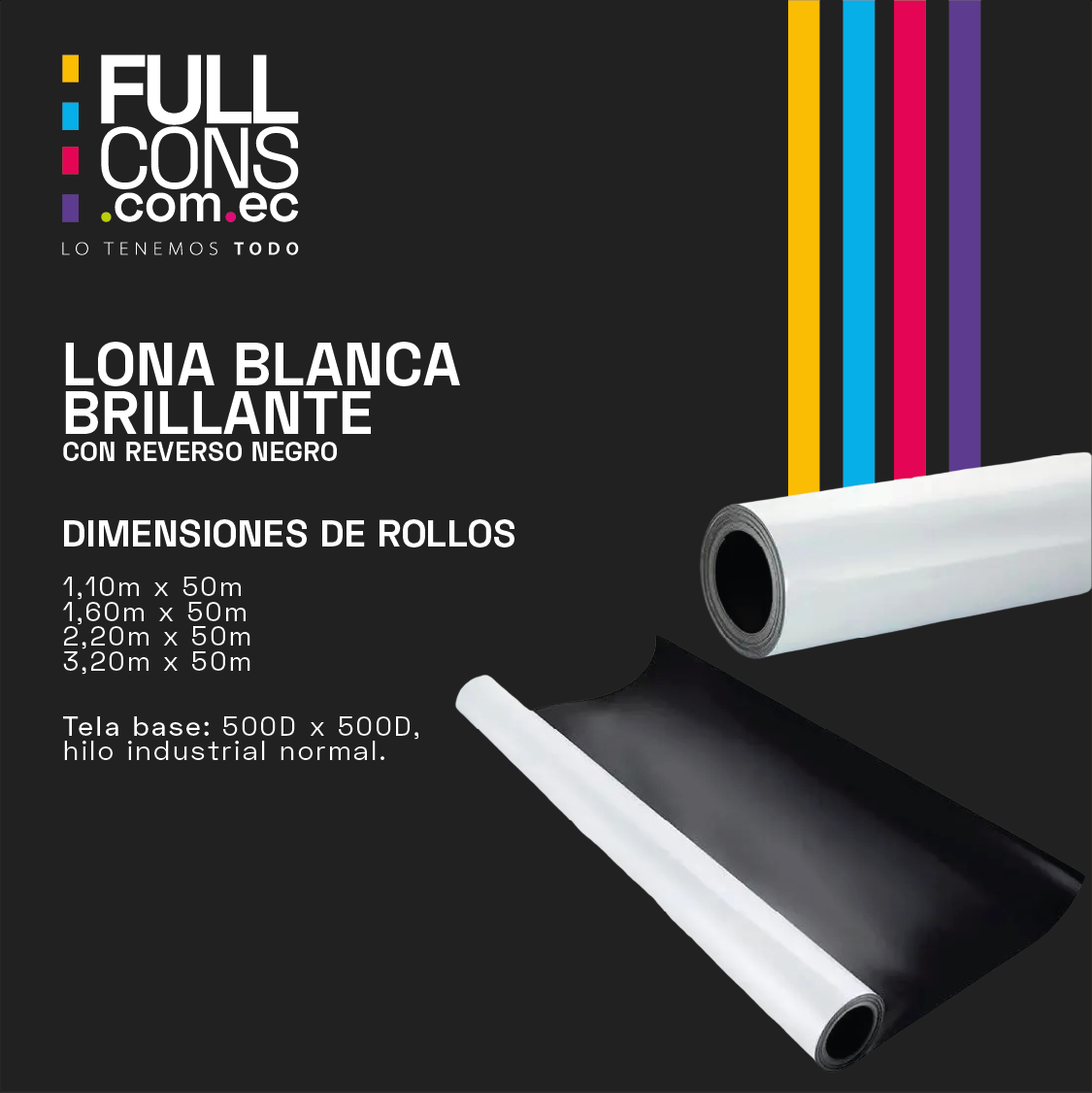 Lona Blanca Brillante con Reverso Negro Blockout (2.20 x 50 m) | Fullcons