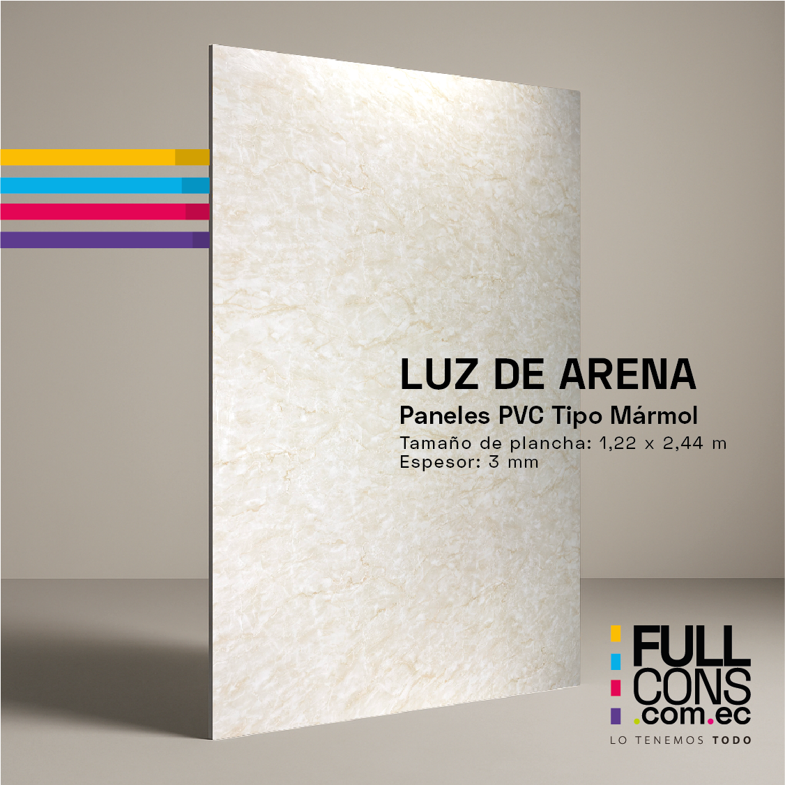 Panel PVC Tipo Mármol Luz de Arena 3 mm (1.22 x 2.44 m) | Fullcons
