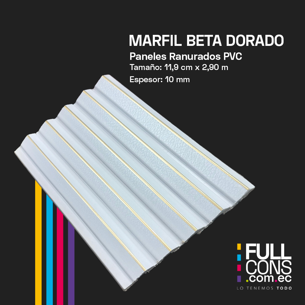 Panel Ranurado PVC de Interior Marfil Beta Dorada 11.9 cm x 2.90 m (10 mm) | Fullcons