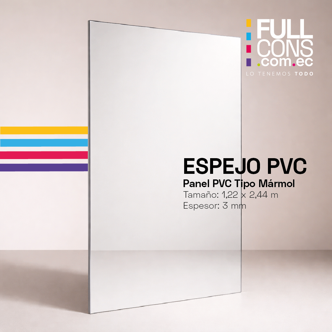 Panel PVC Tipo Espejo Decorativo 5 mm (1.22 x 2.44 m) | Fullcons