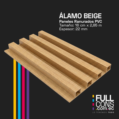 Panel Ranurado PVC de Interior Álamo Beige 16 cm x 2.85 m (22 mm) | Fullcons