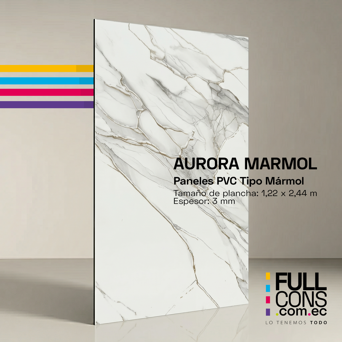 Panel PVC Tipo Mármol Aurora Mármol 3 mm (1.22 x 2.44 m) | Fullcons