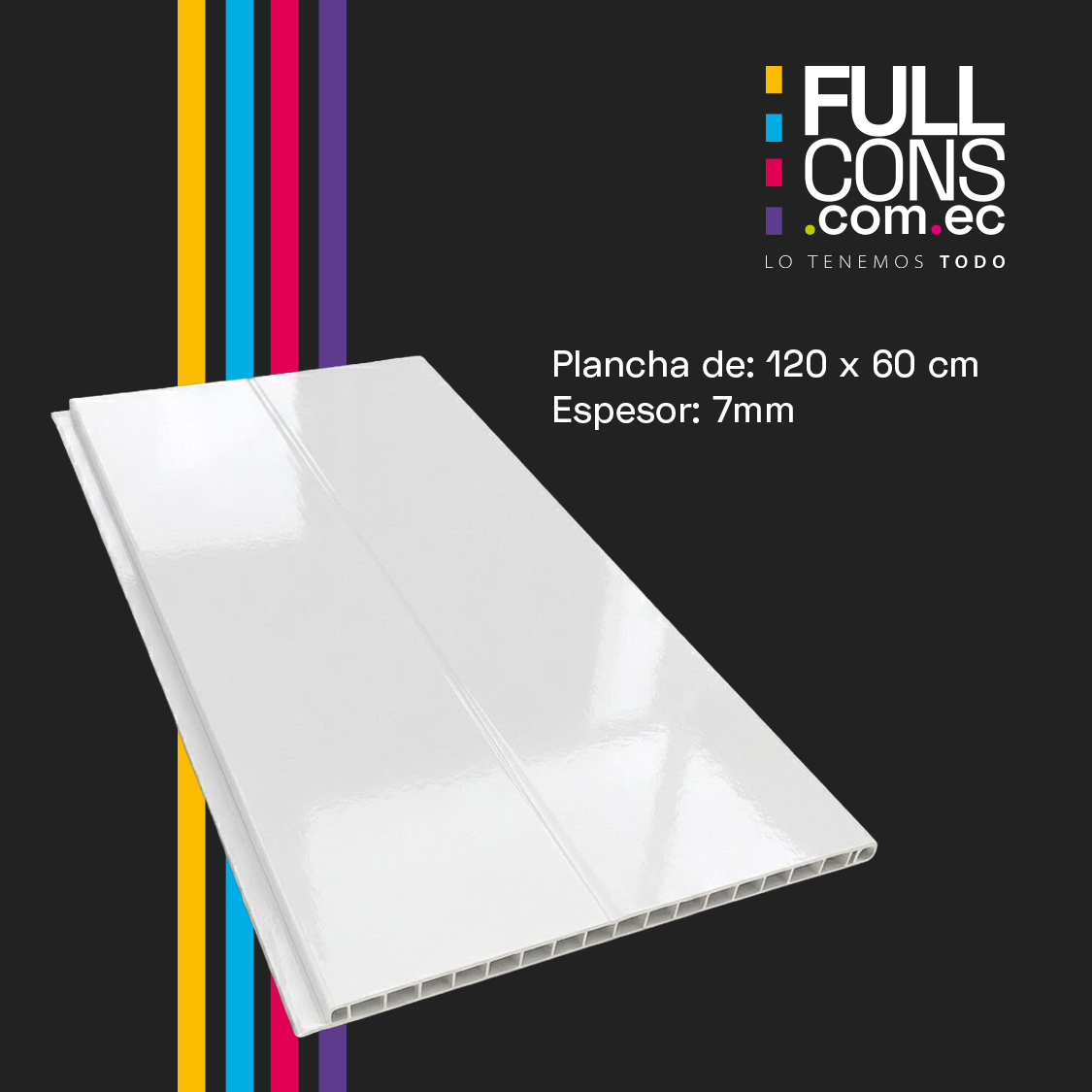 Cielo Raso PVC Blanco Espejo 1.20 m x 60 cm (7 mm) | Fullcons