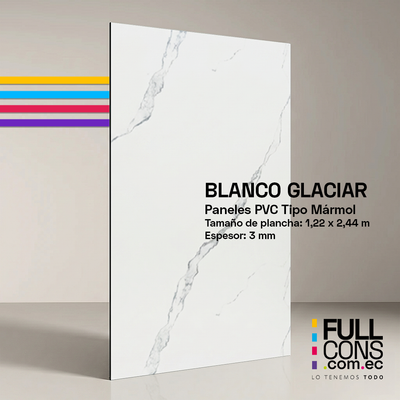 Panel PVC Tipo Mármol Blanco Glaciar 3 mm (1.22 x 2.44 m) | Fullcons