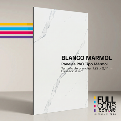 Panel PVC Tipo Mármol Blanco Mármol 3 mm (1.22 x 2.44 m) | Fullcons