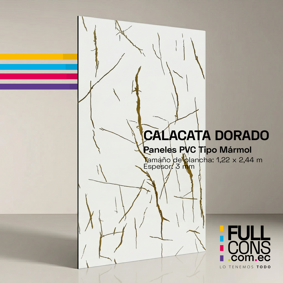 Panel PVC Tipo Mármol Calacata Dorado 3 mm (1.22 x 2.44 m) | Fullcons