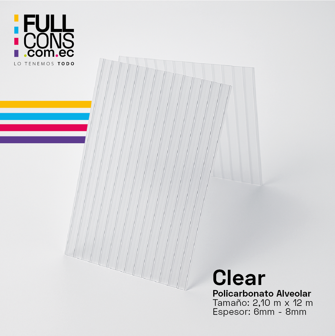 Plancha de Policarbonato Alveolar Clear 6mm / 8mm (2.10m x 12m) | Fullcons