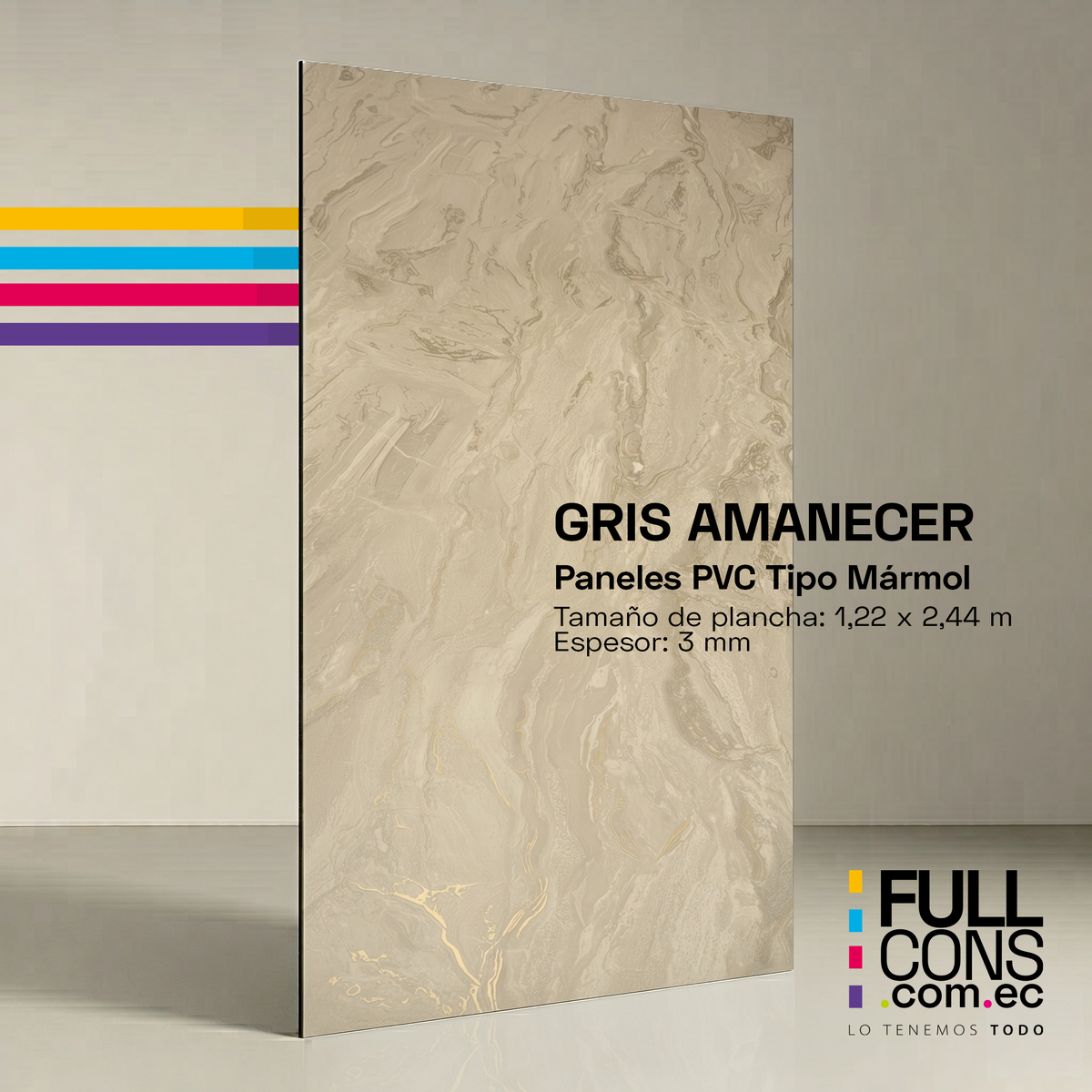 Panel PVC Tipo Mármol Gris Amanecer 3 mm (1.22 x 2.44 m) | Fullcons