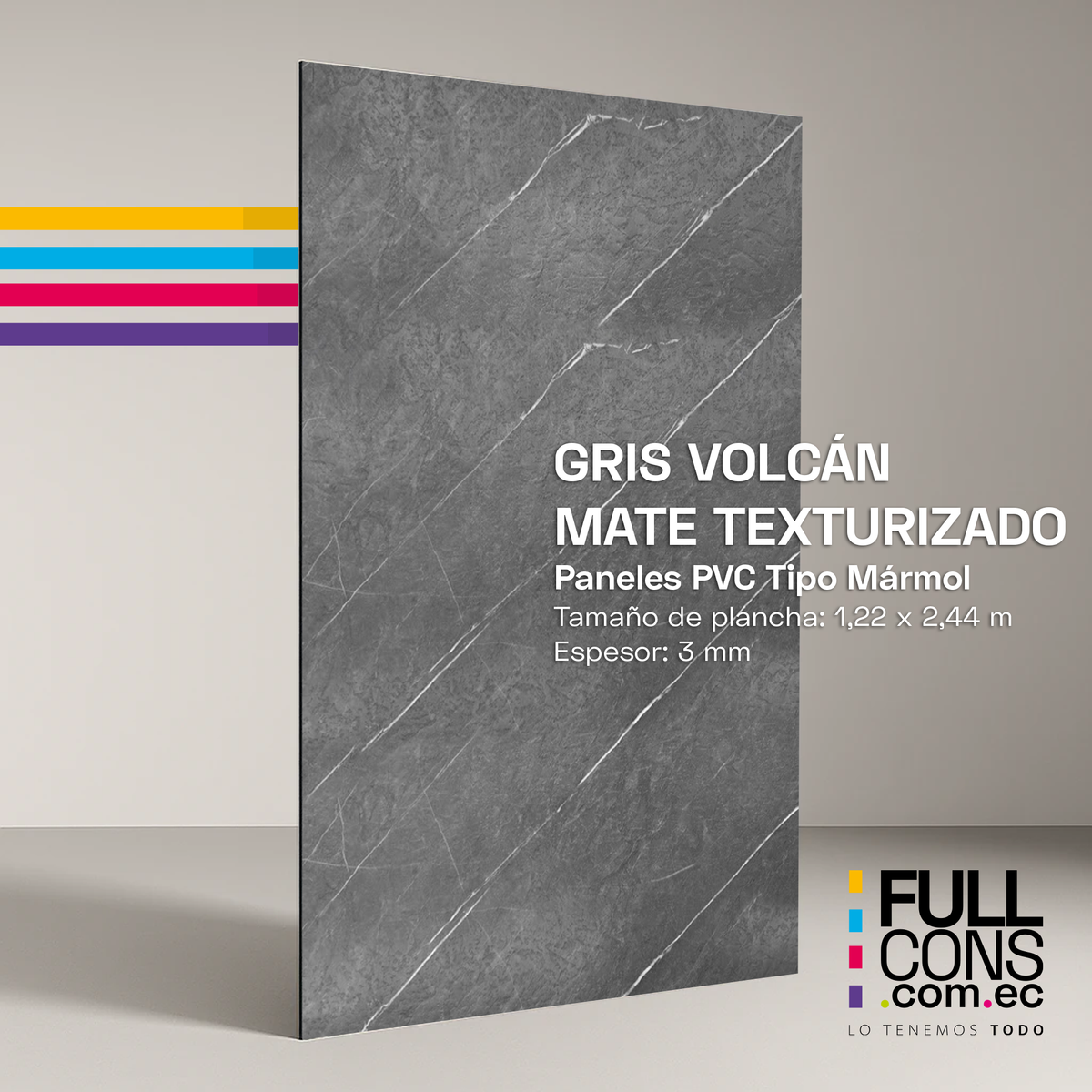 Panel PVC Tipo Mármol Gris Volcán Mate Texturizado | Fullcons