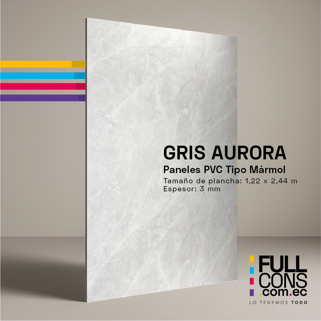 Panel PVC Tipo Mármol Gris Aurora 3 mm (1.22 x 2.44 m) | Fullcons