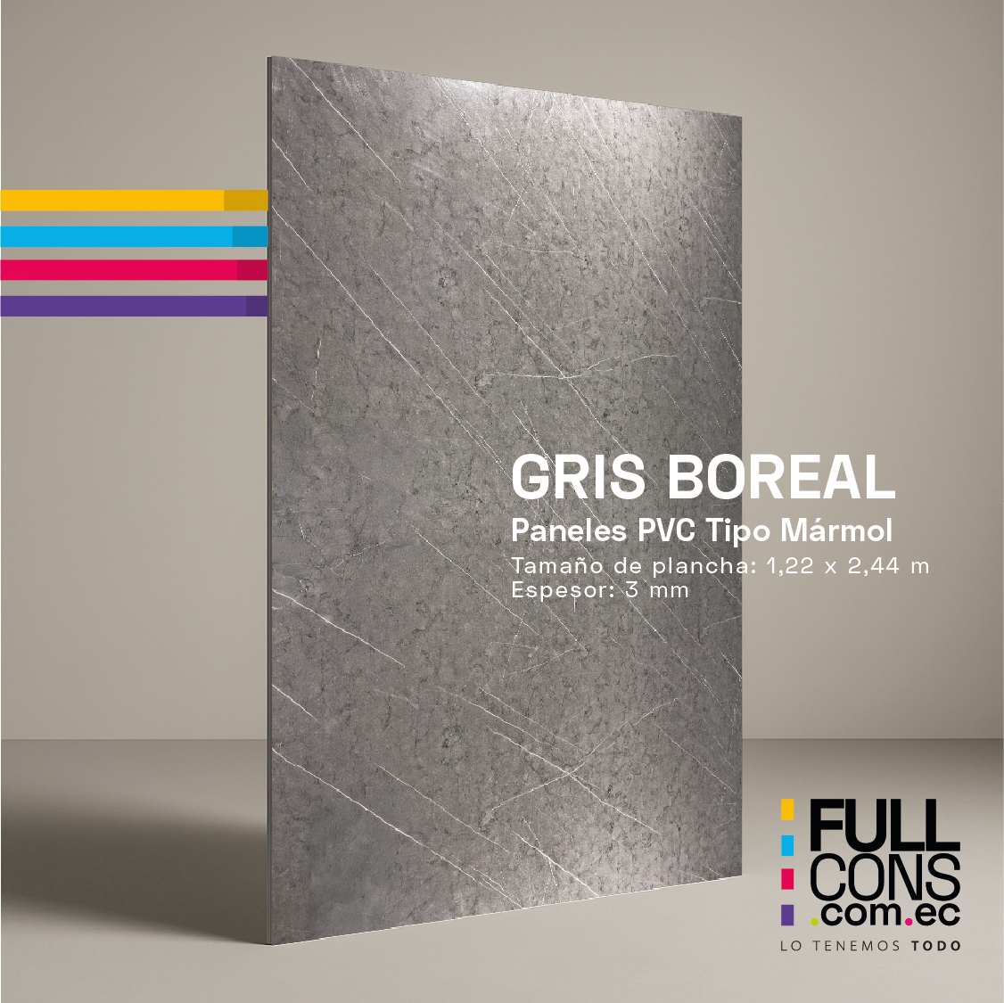 Panel PVC Tipo Mármol Gris Boreal 3 mm (1.22 x 2.44 m) | Fullcons