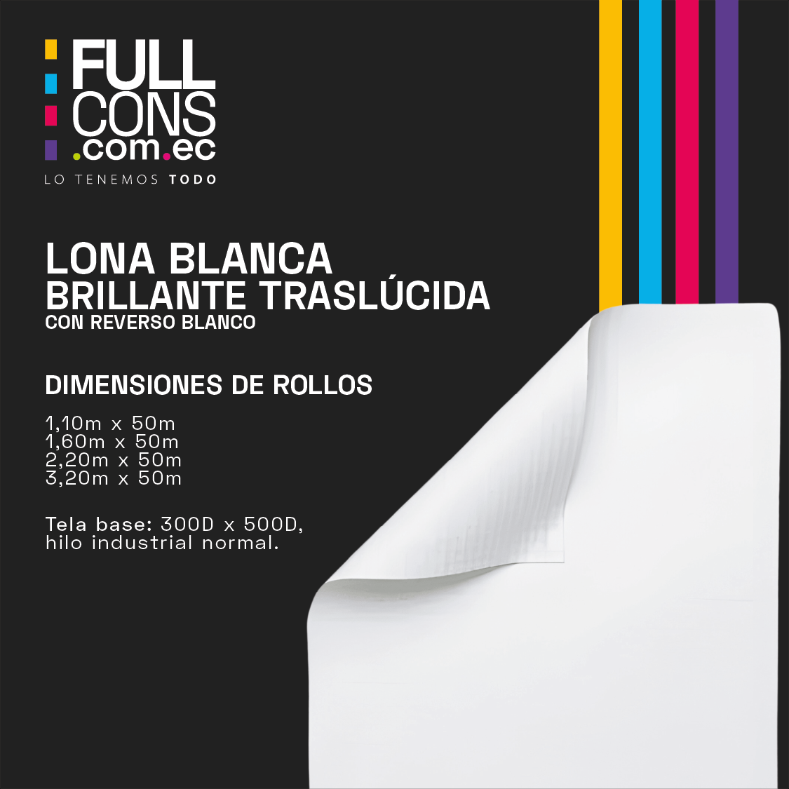 Lona Blanca Brillante Traslúcida Reverso Blanco (3.20 x 50 m) | Fullcons