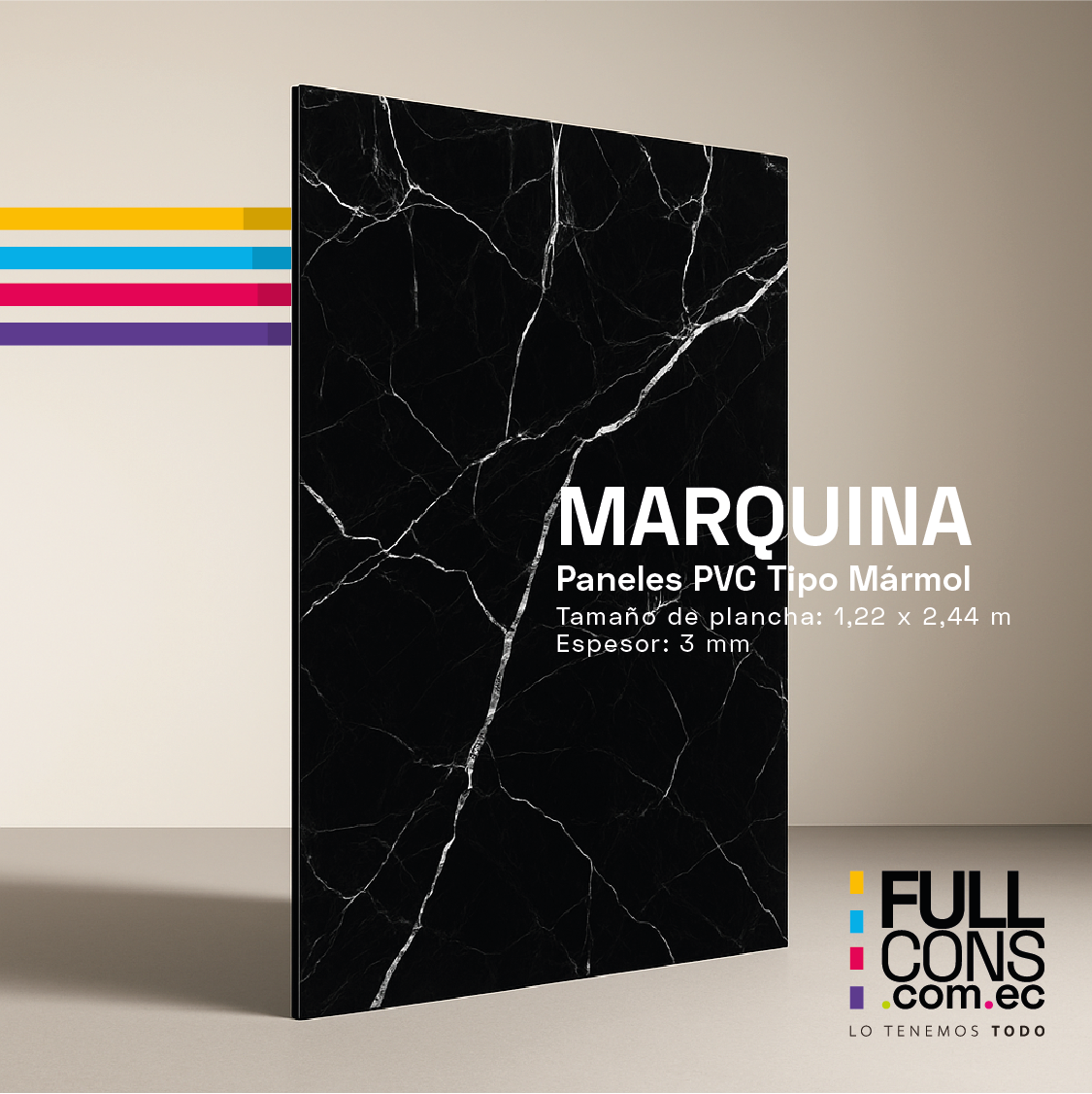 Panel PVC Tipo Mármol Marquina 3 mm (1.22 x 2.44 m) | Fullcons
