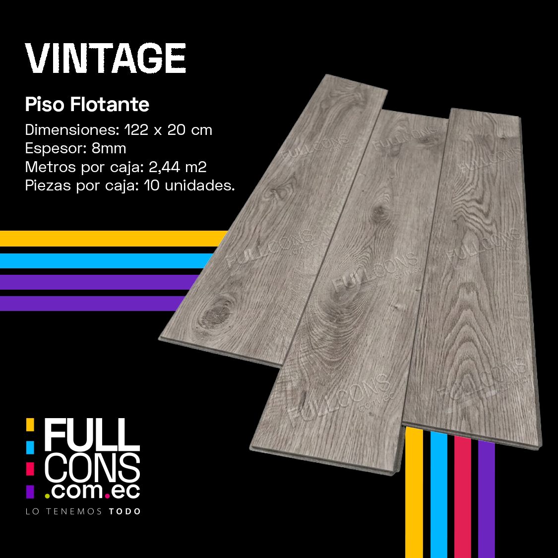 Piso Flotante Vintage 8 mm AC4 HDF Caja 2.44 m² | Fullcons Ecuador