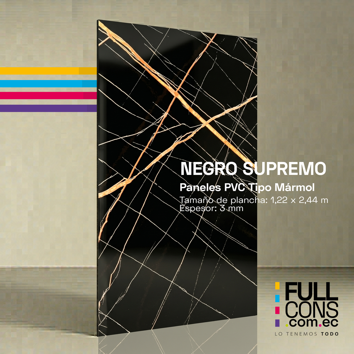 Panel PVC Tipo Mármol 3 mm Negro Supremo (1.22 x 2.44 m) | Fullcons