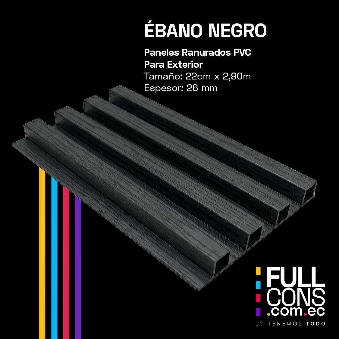Panel Ranurado WPC de Exterior Ébano Negro 22 cm x 2.90 m (26 mm) | Fullcons
