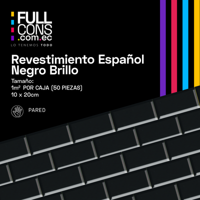 Revestimiento Español Negro Brillo Tipo Metro 10 x 20 cm | Fullcons