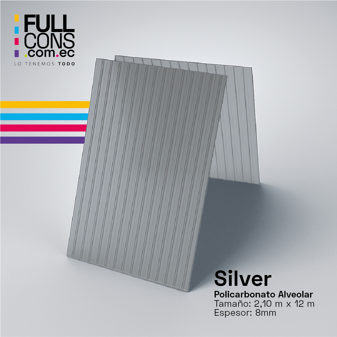 Plancha de Policarbonato Alveolar Silver 8mm (2.10m x 12m) | Fullcons