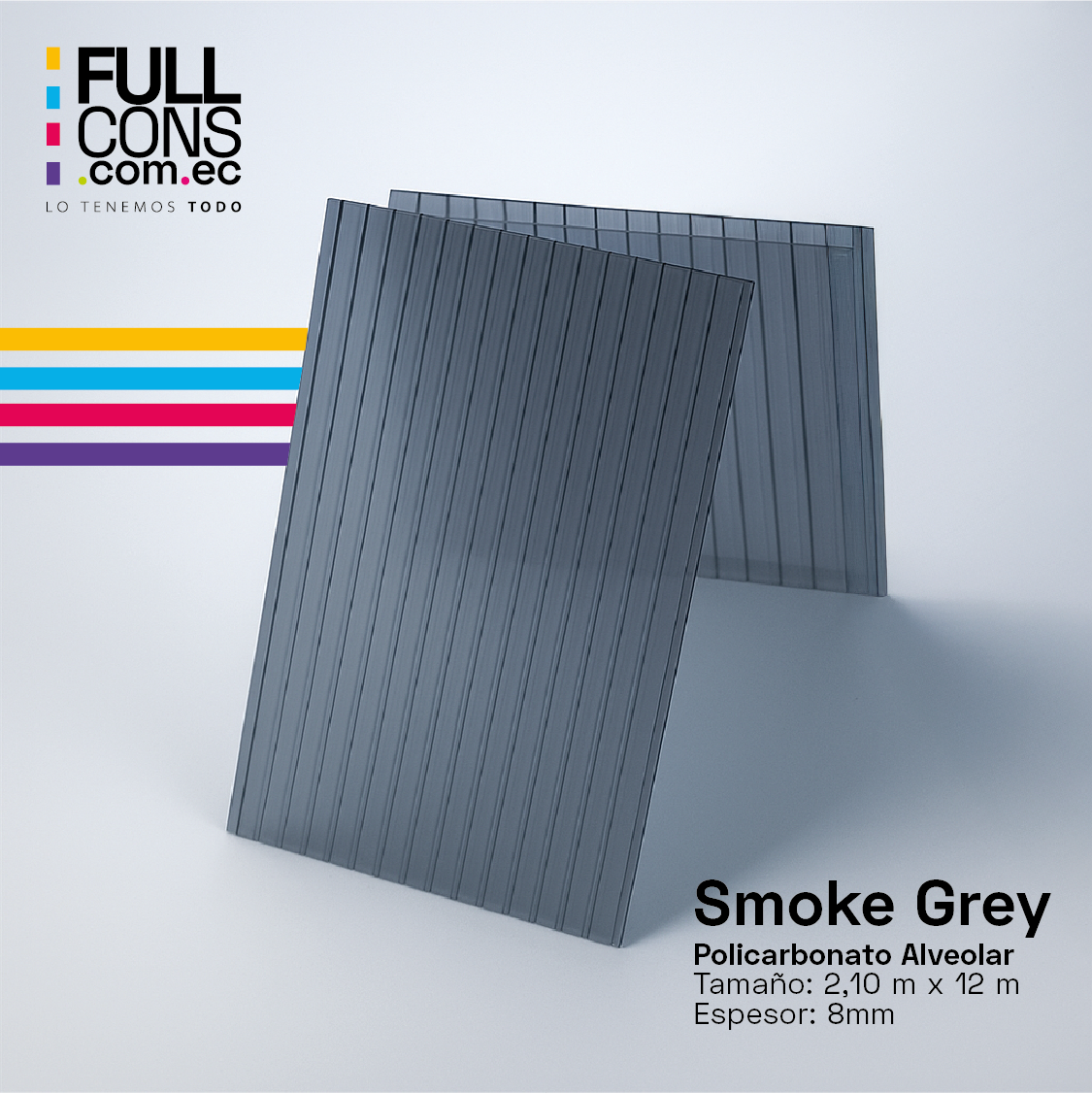 Plancha de Policarbonato Alveolar Smoke Grey 8mm (2.10m x 12m) | Fullcons