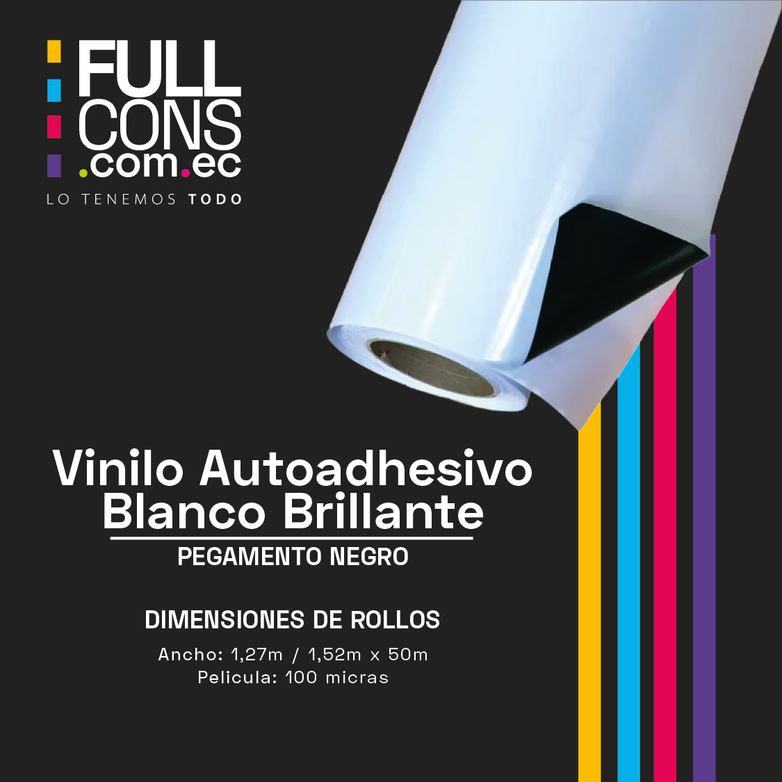 Vinilo Autoadhesivo Blanco Brillante Pegamento Negro 100 micras  | Fullcons