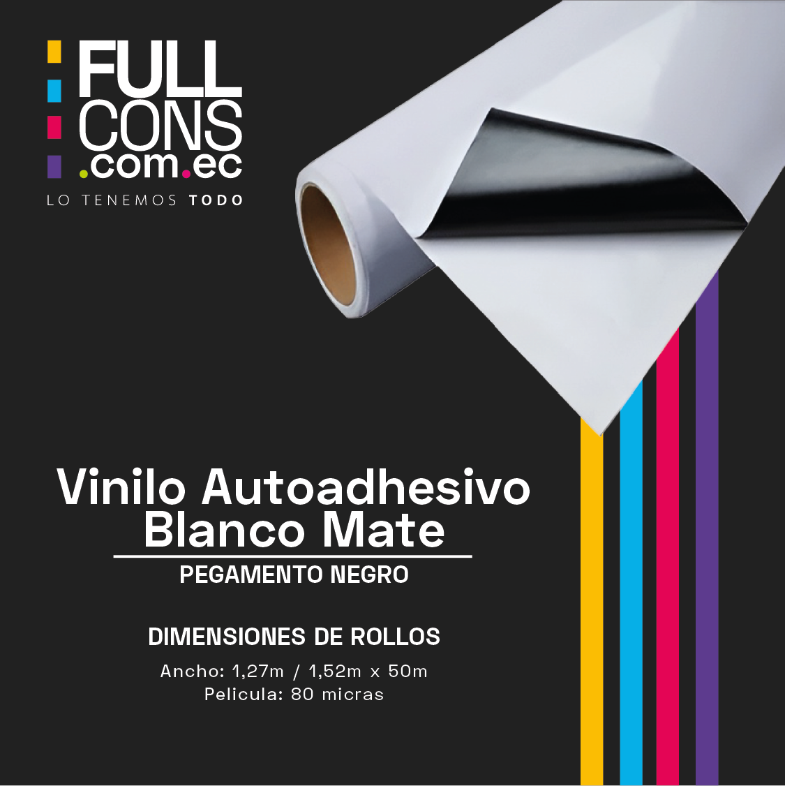 Vinilo Autoadhesivo Blanco Mate Pegamento Negro 80 micras | Fullcons