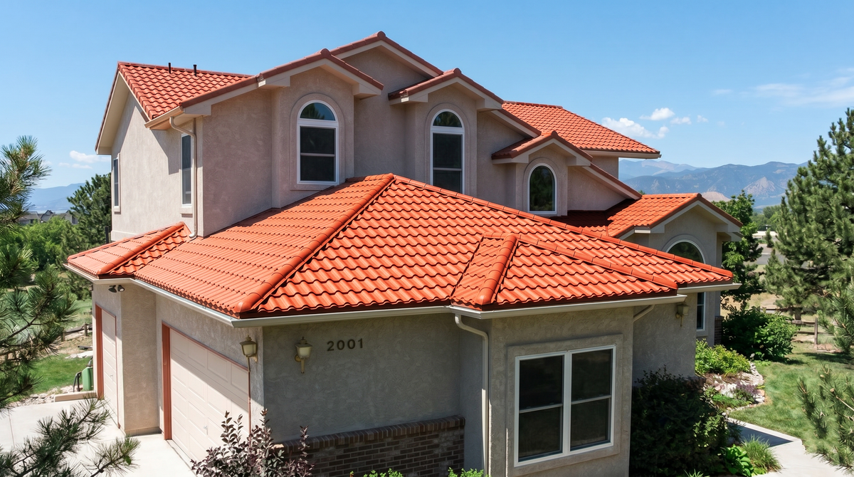 Instalación de teja española PVC color terracota en el tejado de una casa campestre de dos pisos