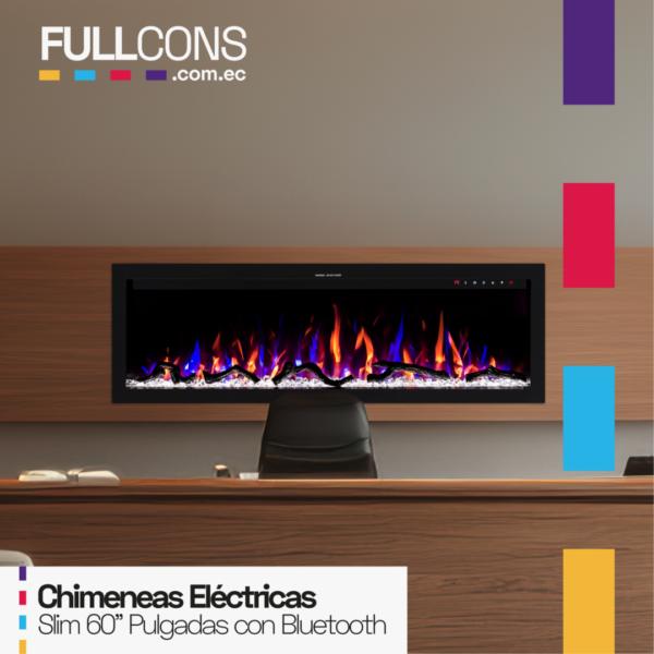 Chimenea Eléctrica 60" SLIM con Parlante Bluetooth – Elegancia Ultra Delgada y Sonido Envolvente